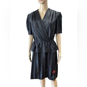 Vintage 80s Zoey T black shiny peplum dress deep v reworked embroidered flower-L